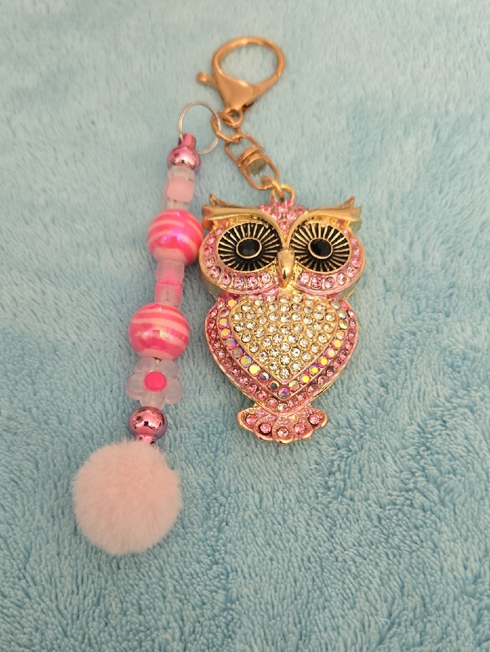 Sparkling Pink and Gold Owl Bag Charm